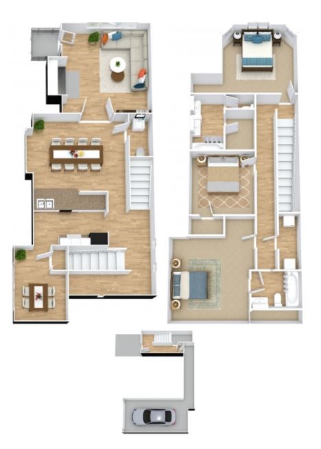 A floor plan of a two-story house with a garage.